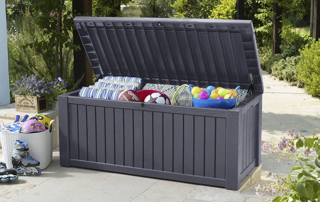 2026 2025 KETER Rockwood 570L – Coffre de Rangement Extérieur Étanche et Résistant, Banc Multifonction, Édition Limitée