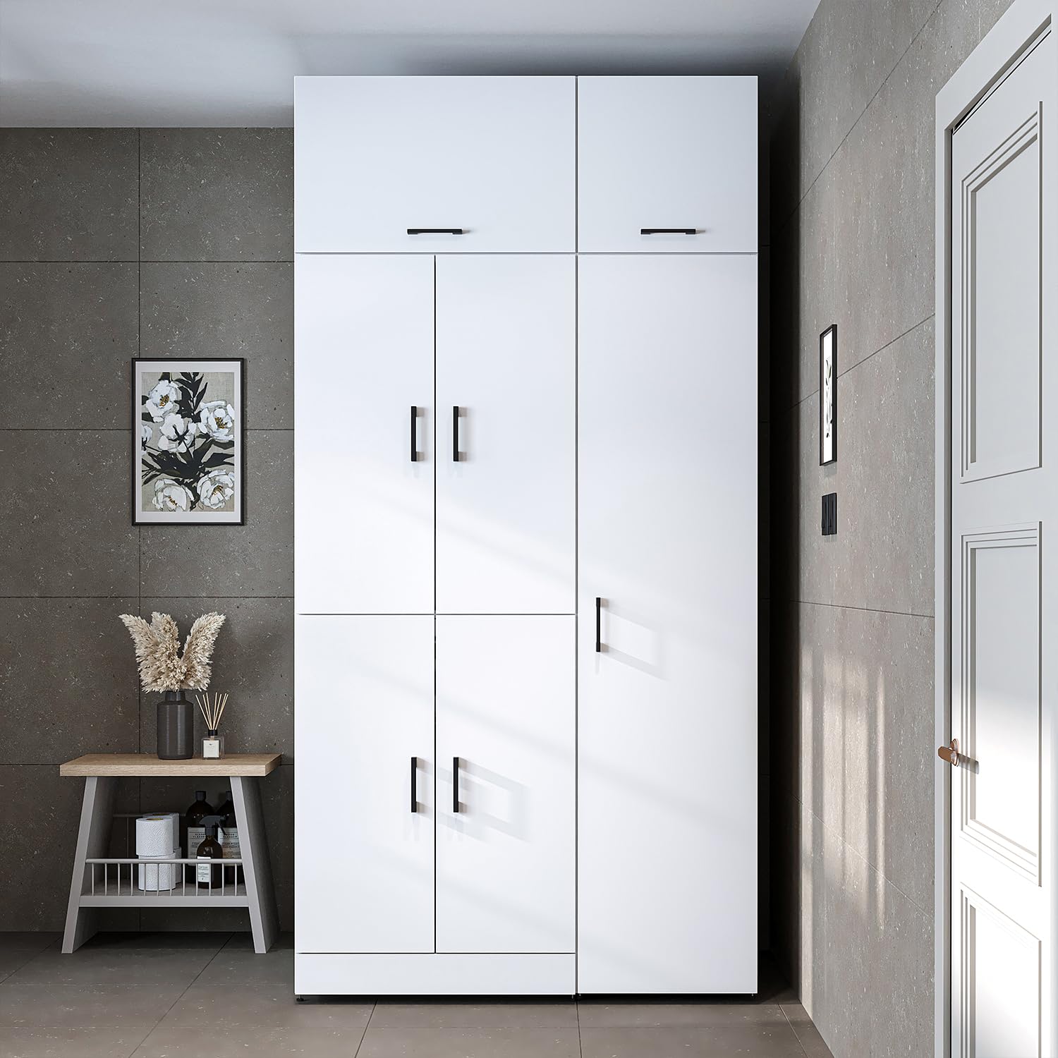 2026 ROOMART Dora Armoire de machine à laver, pour sèche-linge et machine à laver, en 4 couleurs, avec portes et planche coulissante (chêne anthracite)