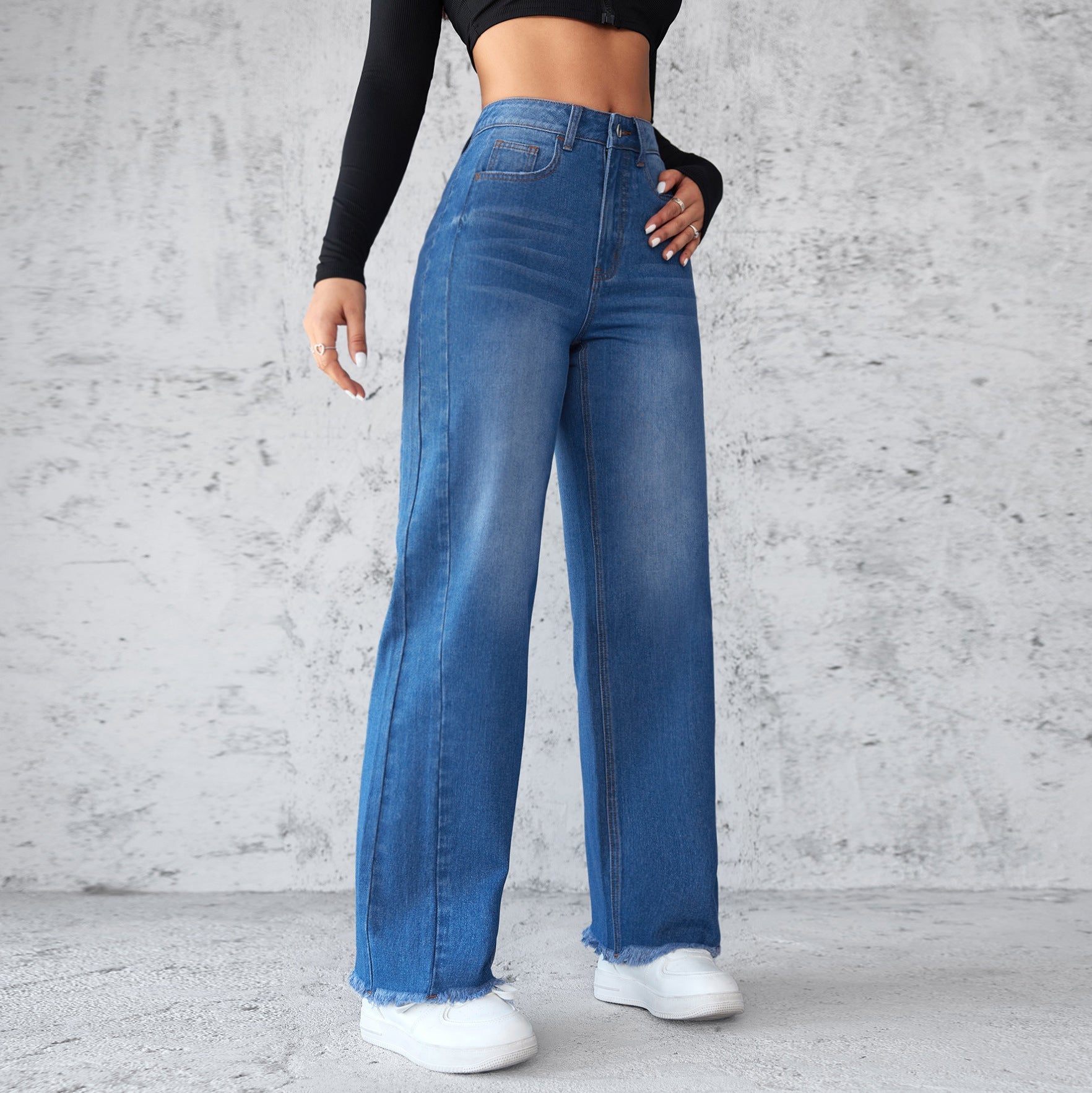 Jean droit jambes larges taille haute décontracté en denim pour femme