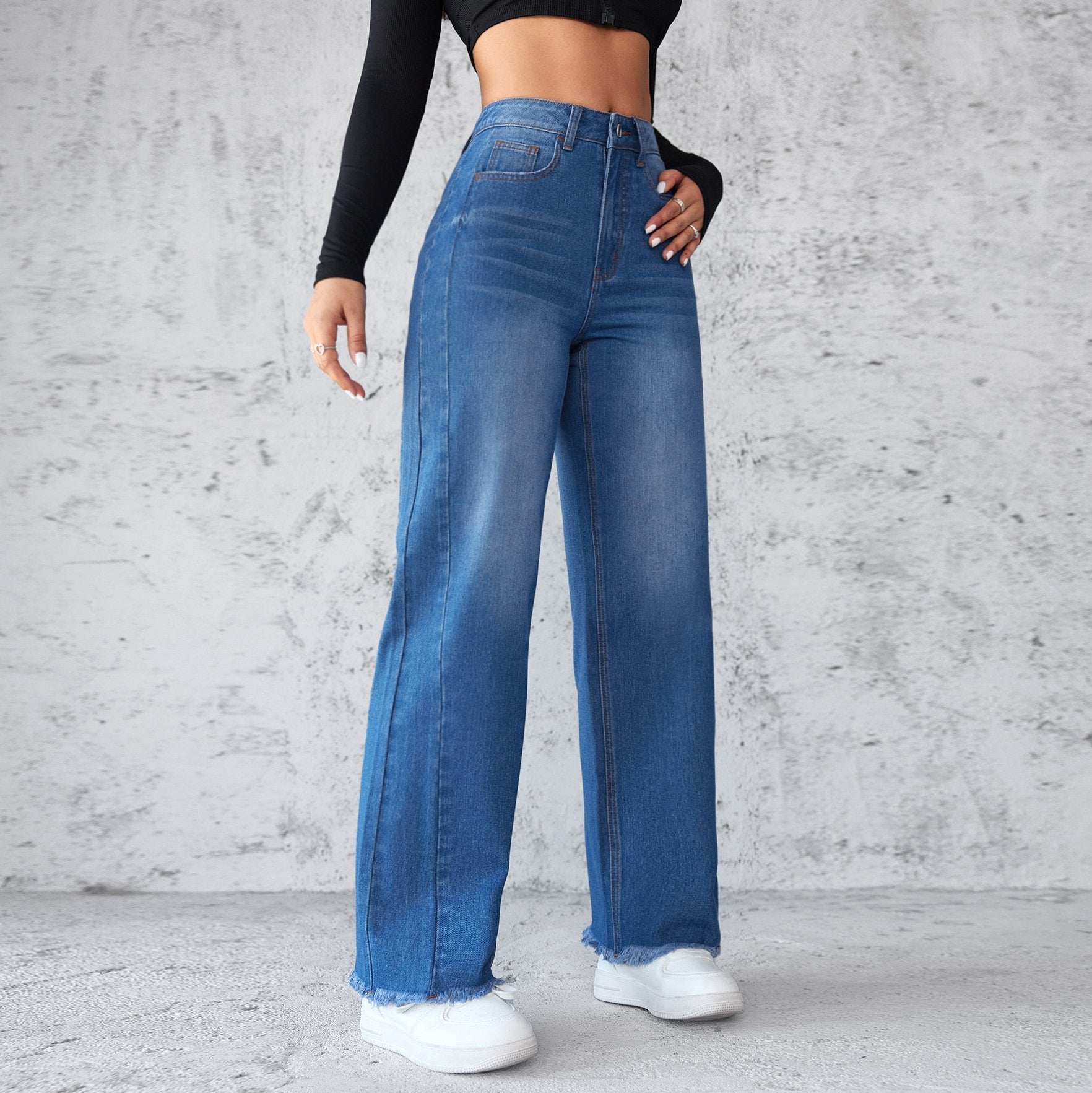 Jean droit jambes larges taille haute décontracté en denim pour femme
