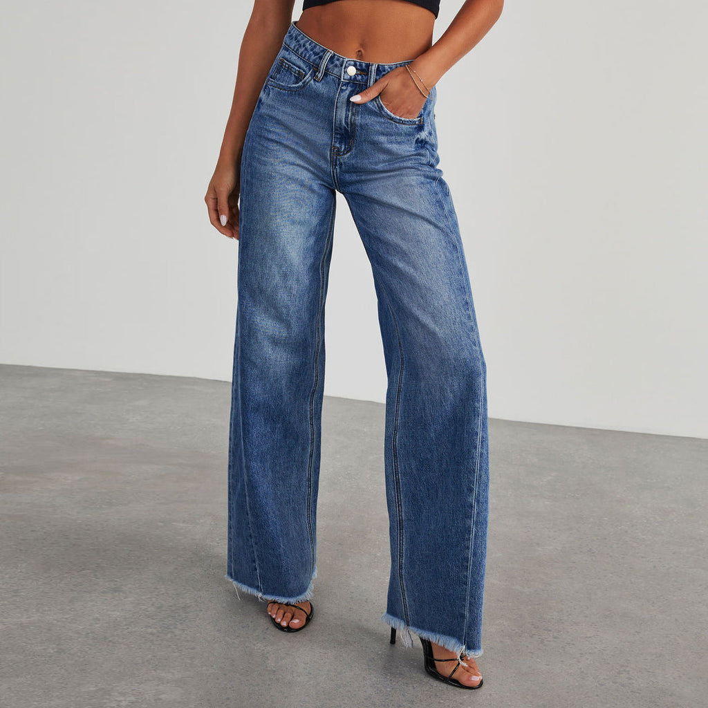 Jean taille haute jambes droites en denim confortable coupe ajustée pour femme