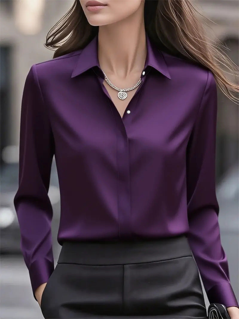 Chemisier tailleur satin à revers manches longues habillé bureau pour femme