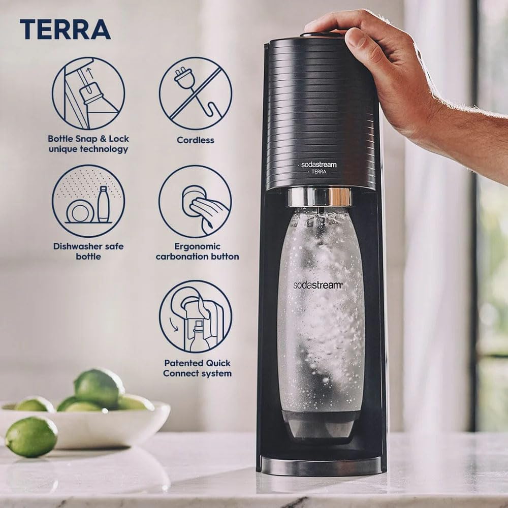 2026 2025 SodaStream Terra Machine à Eau Pétillante Bundle (Noir), avec CO2, Bouteilles Compatibles Lave-Vaisselle et Arômes Bubly Drops