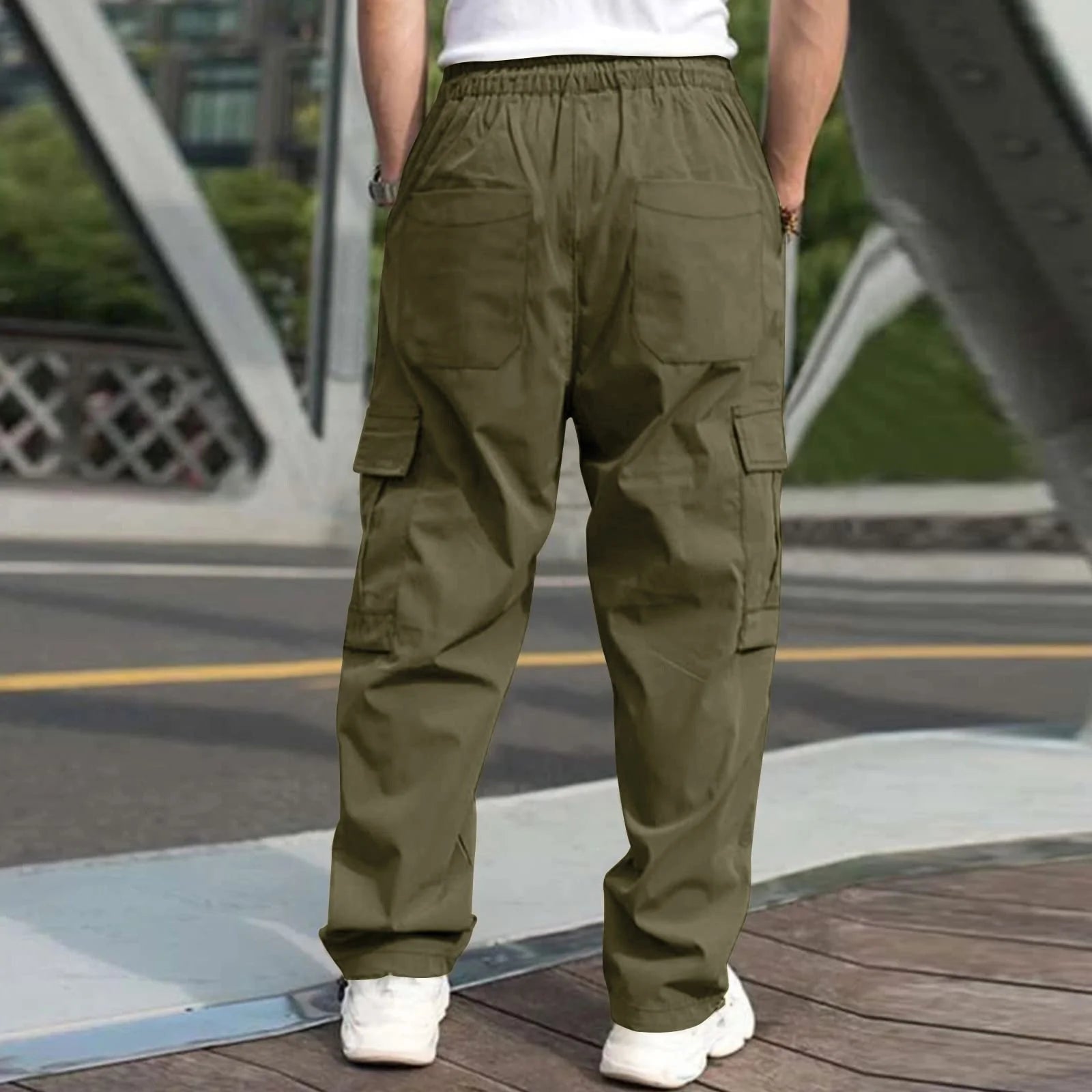 2026 Men's Casual Straight Cargo Trousers Drawstring Waist Pockets Style Everyday