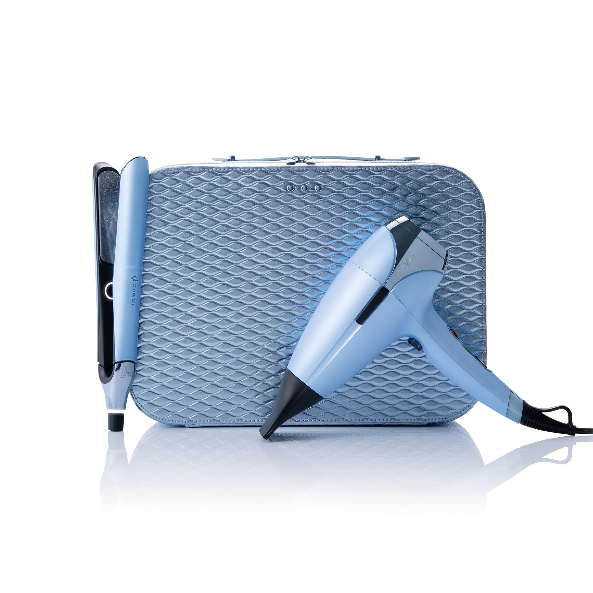 2026 2025 Coffret Cadeau Deluxe ghd - Lisseur Chronos & Sèche-Cheveux Helios en Bleu Icy