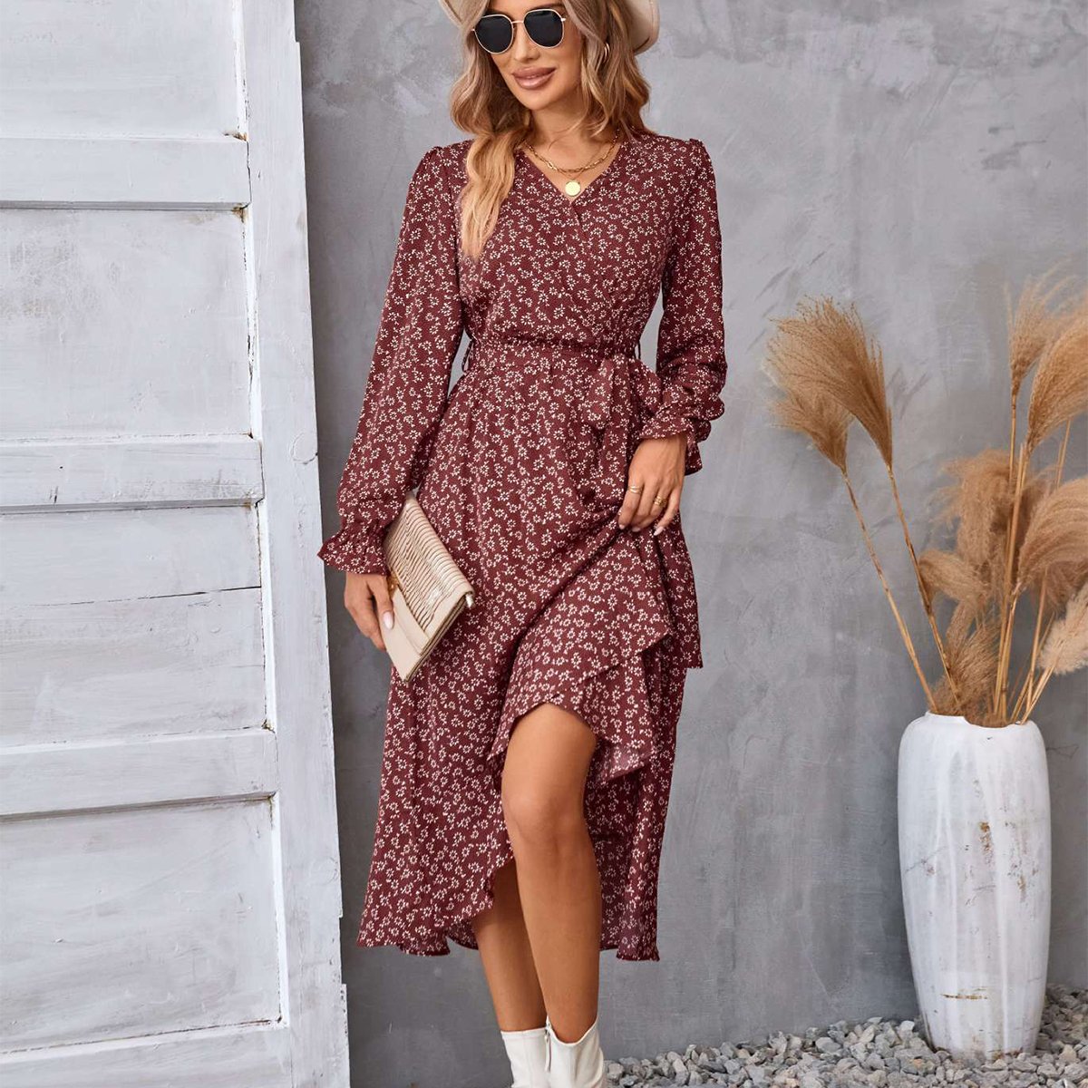 Robe fleuri imprimé manches longues à volants midi ville élégant pour femme