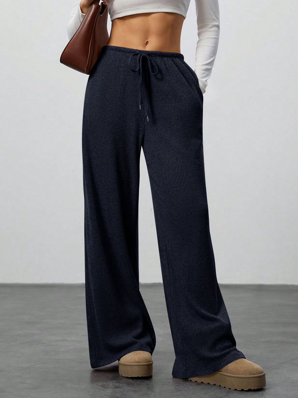 Pantalon couleur unie ample jambes larges à cordon décontracté pour femme
