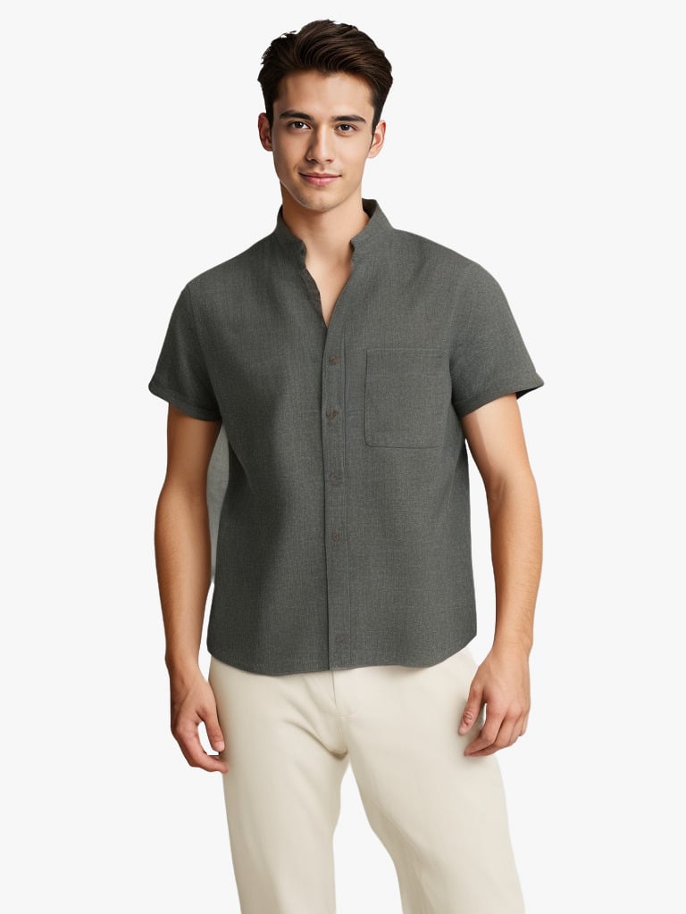 Chemise couleur unie manches courtes à revers en coton et lin été pour homme