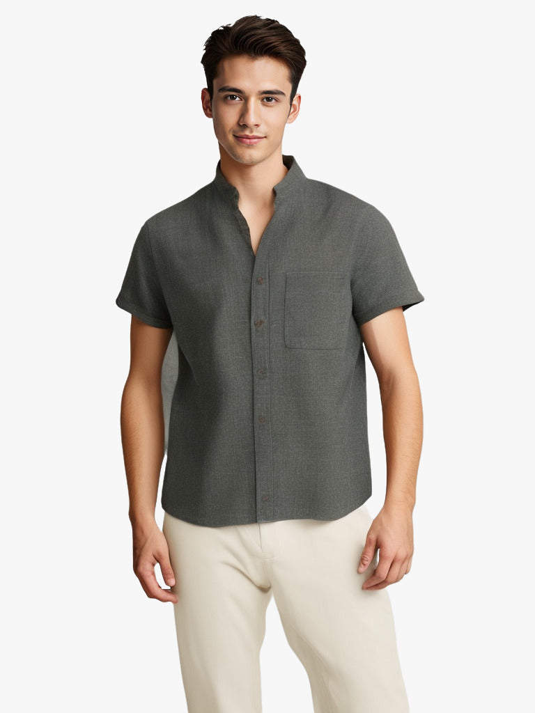 Chemise couleur unie manches courtes à revers en coton et lin été pour homme