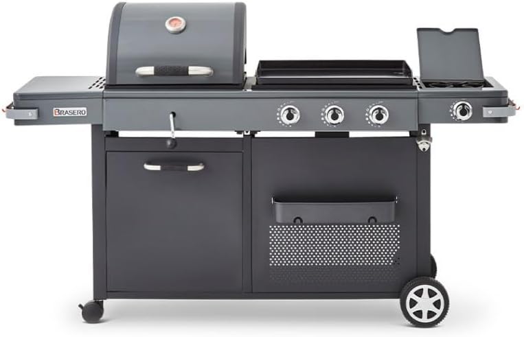 2026 Barbecue Bi-Energy Gun Metal XL - Barbecue Charbon et Plancha 60 x 42 cm à gaz avec brûleur latéral -12,95 KW