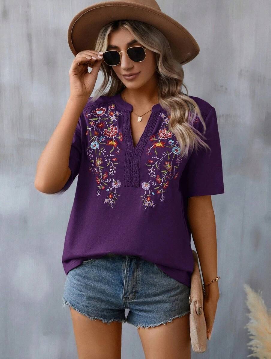 Women's Embroidered Short Sleeve Lace Collar Summer Blouse Shirt - LAKD London