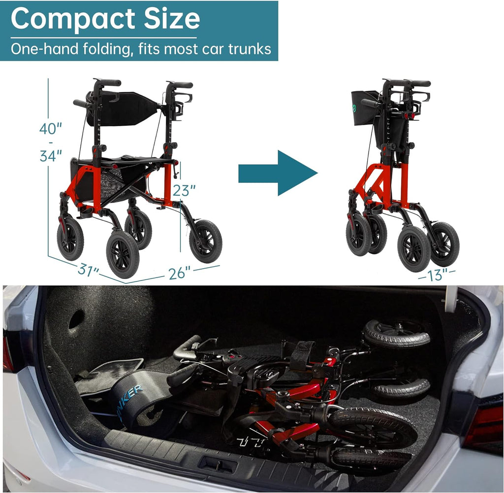 2026 Geländegängiger 2-in-1-Rollator und Transportstuhl, zusammenklappbarer Rollstuhl mit luftlosen 10-Zoll-Rädern für Senioren, umkehrbare Rückenlehne und abnehmbare Fußstützen, blau