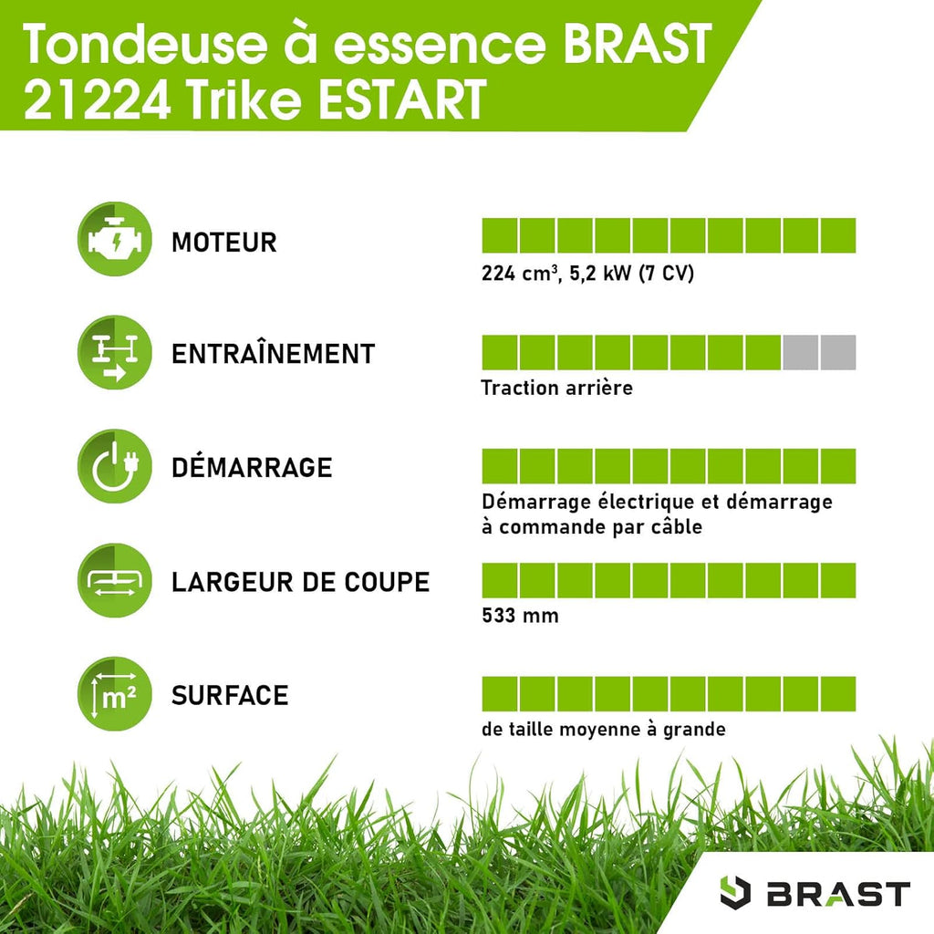 2026 BRAST tondeuse thermique 3 roues TRIKE E-START 224cc 53cm tractée démarrage électrique mulching 4en1 capot en tôle en acier 60l - moteur 4 temps de la marque française GT reglable