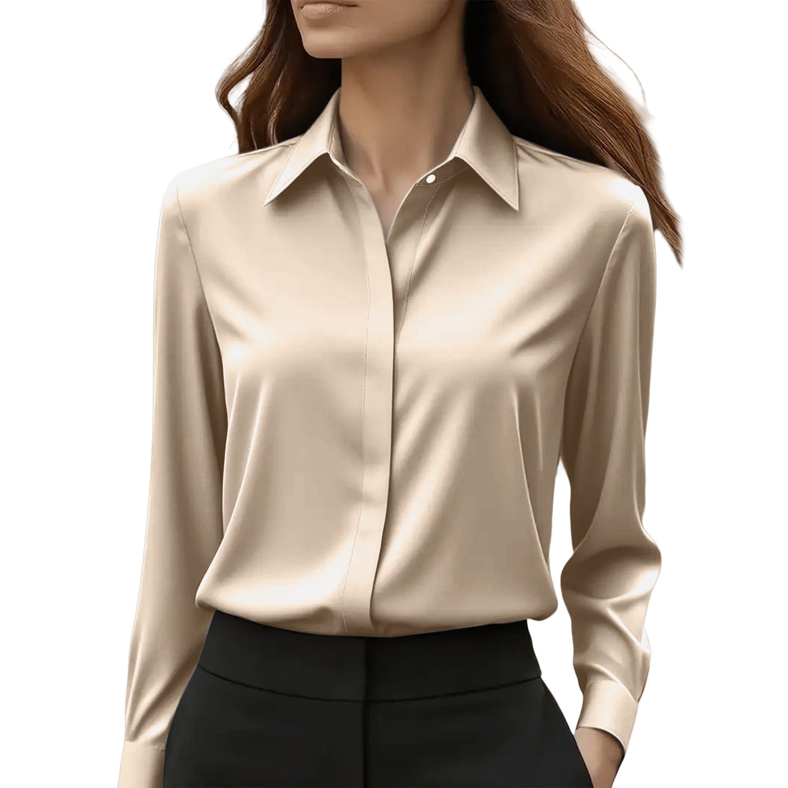 Chemisier tailleur satin à revers manches longues habillé bureau pour femme