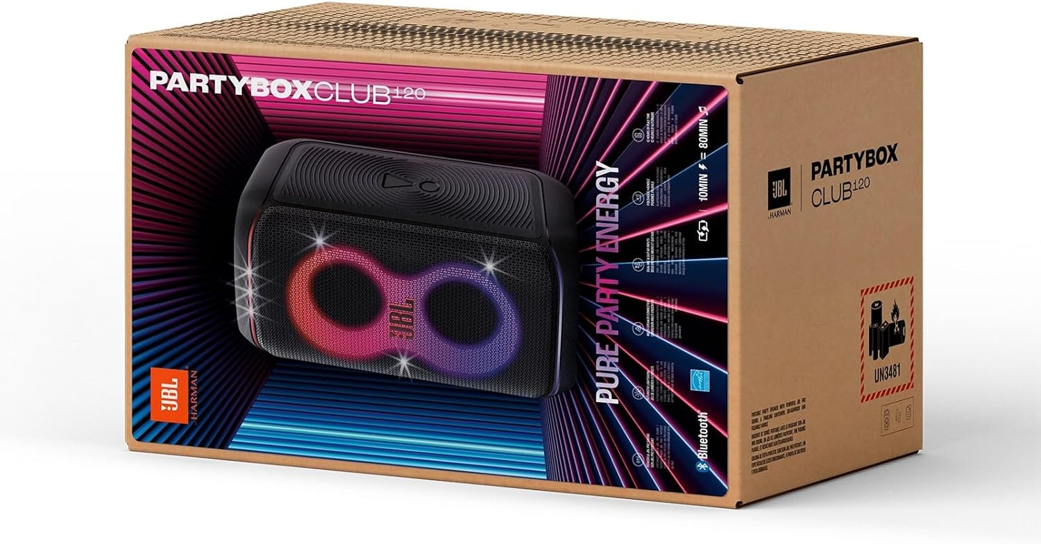 2026 PartyBox Club 120,Enceinte portable de soirée,poignée pliable ergonomique,jeu de lumières,12 heures d'autonomie,résistante aux éclaboussures IPX4,noir,Prise européenne (Type C) -