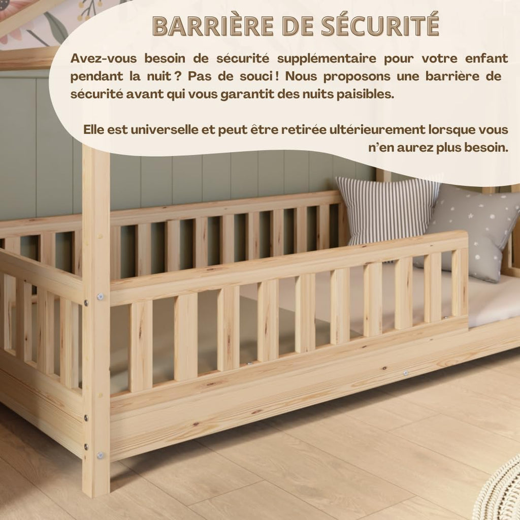 2026 Lit cabane Crazy Pine Crazy House avec tiroirs 190 x 90 cm &ndash; Lit enfant en bois naturel avec barri&egrave;re &ndash; Lit Montessori au sol avec rangement suppl&eacute;mentaire et barri&egrave;re amovible