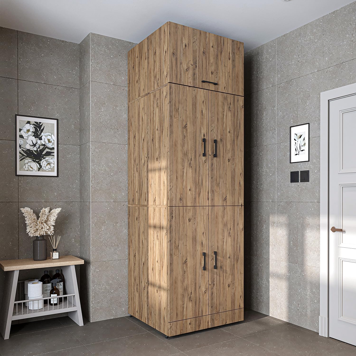 2026 ROOMART Dora Armoire de machine à laver, pour sèche-linge et machine à laver, en 4 couleurs, avec portes et planche coulissante (chêne anthracite)