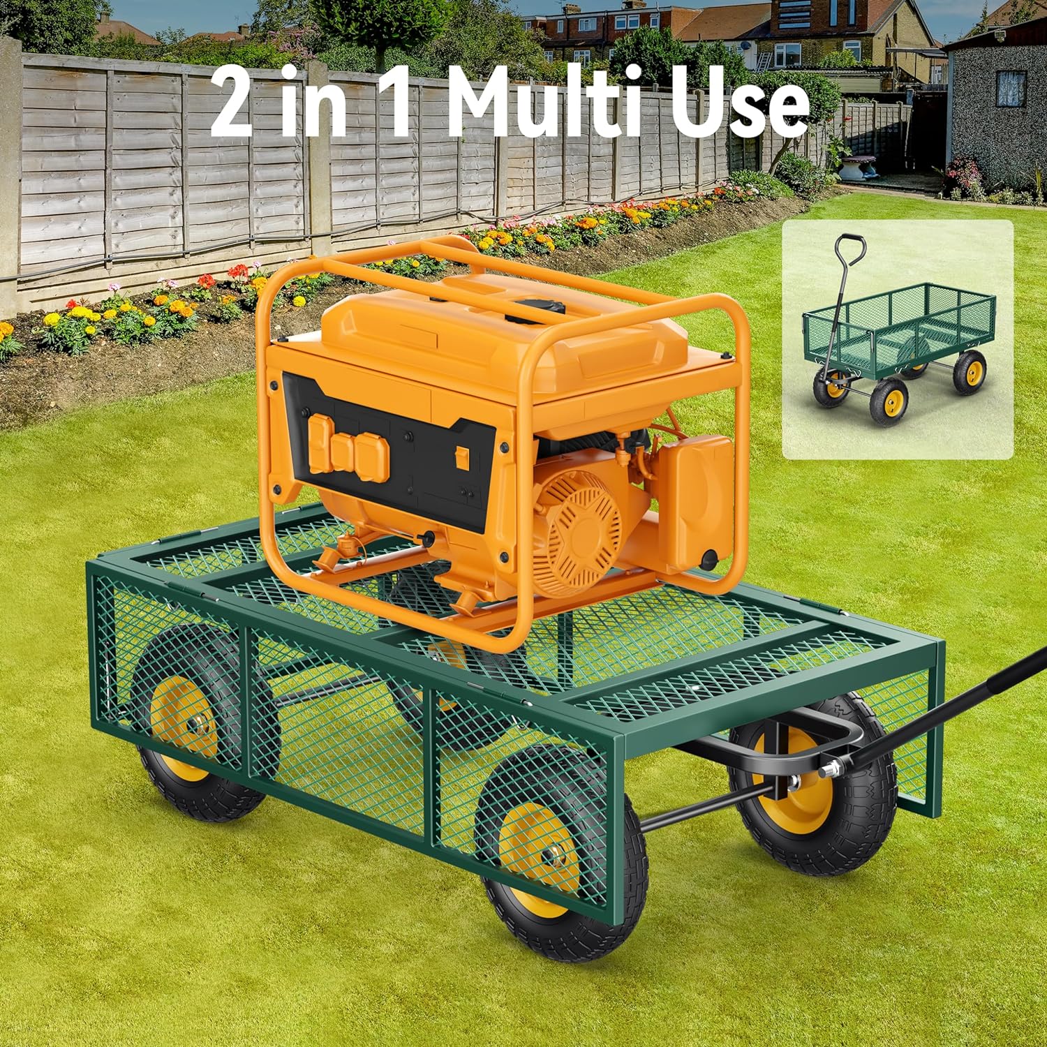 2026 Steel Garden Cart, 2-in-1 1400 lbs Heavy Duty Utility Wagon, with Removable Mesh Sides to Convert into Flatbed, 240° U-Turn 13" Pneumatic Tires Garden Wagon for Farm Yard Lawn Garden Camping