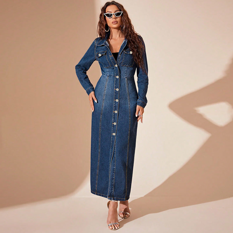 Doudoune en denim boutonné maxi décontracté style urbain pour femme