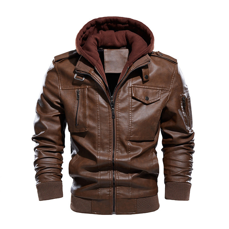 Veste vintage à capuche en cuir doux en velours doublure pour homme