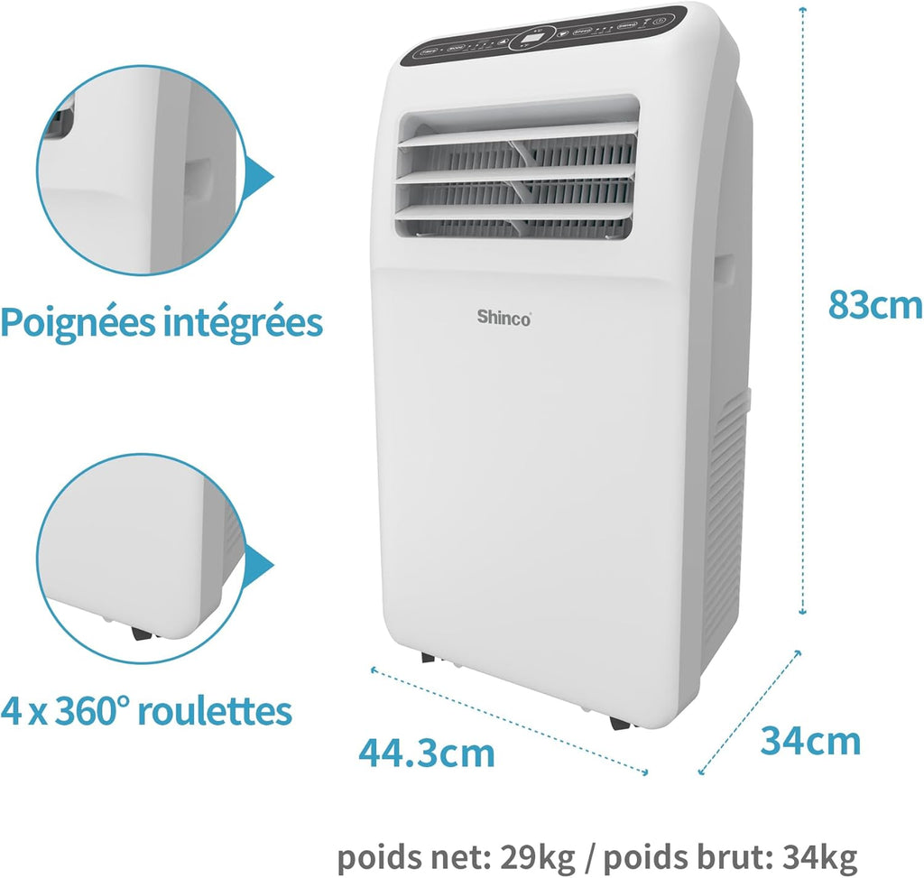 2026 SHINCO Climatiseur mobile, 7000 BTU 2,05kW, Refroidir&Ventilation&Déshumidification, taille de la pièce jusqu'à 54m³(18㎡), Climatiseur mobile avec tuyau d'évacuation et tuyau de vidange, mode sommeil