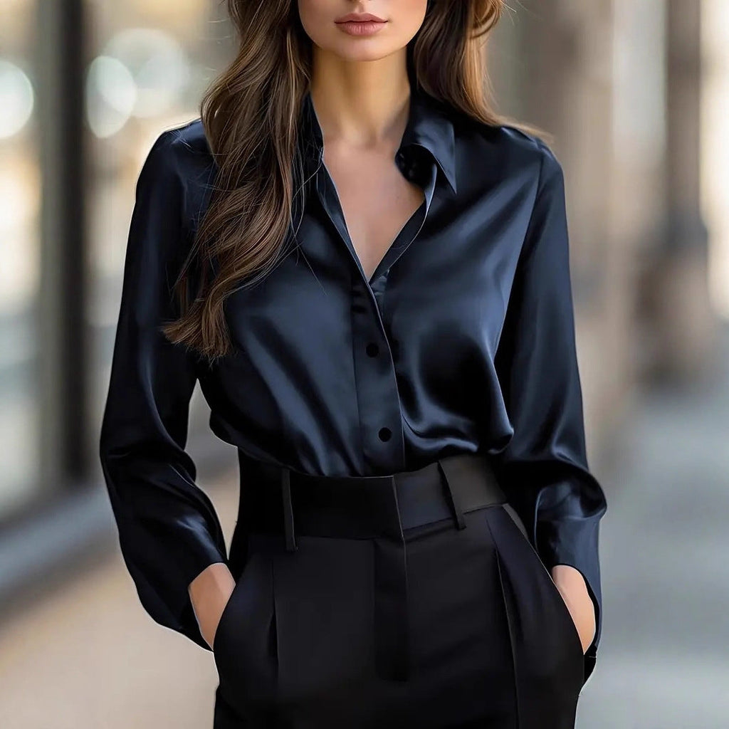 Chemisier élégant satin manches longues boutonné up brillant bureau pour femme