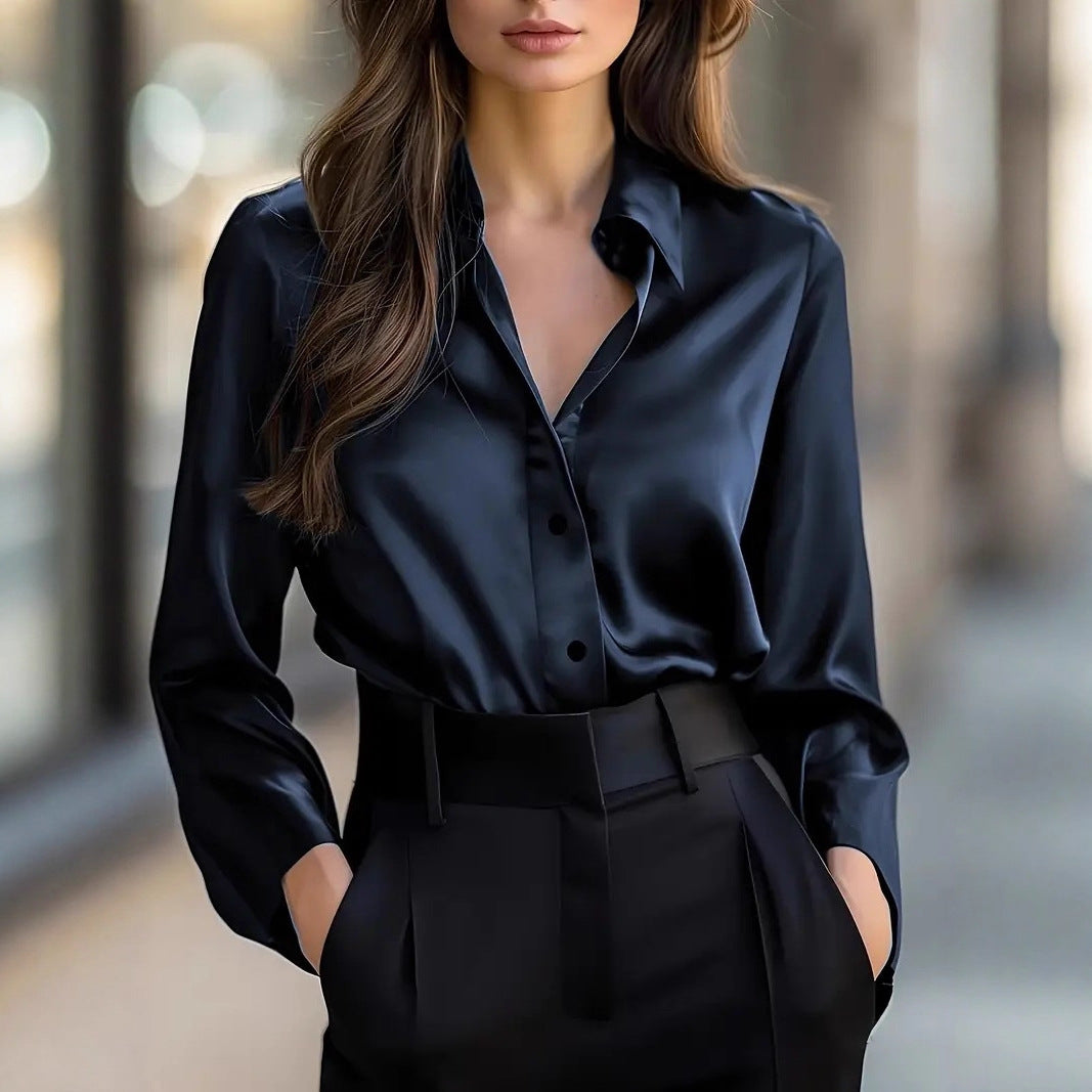 Chemisier élégant satin manches longues boutonné up brillant bureau pour femme