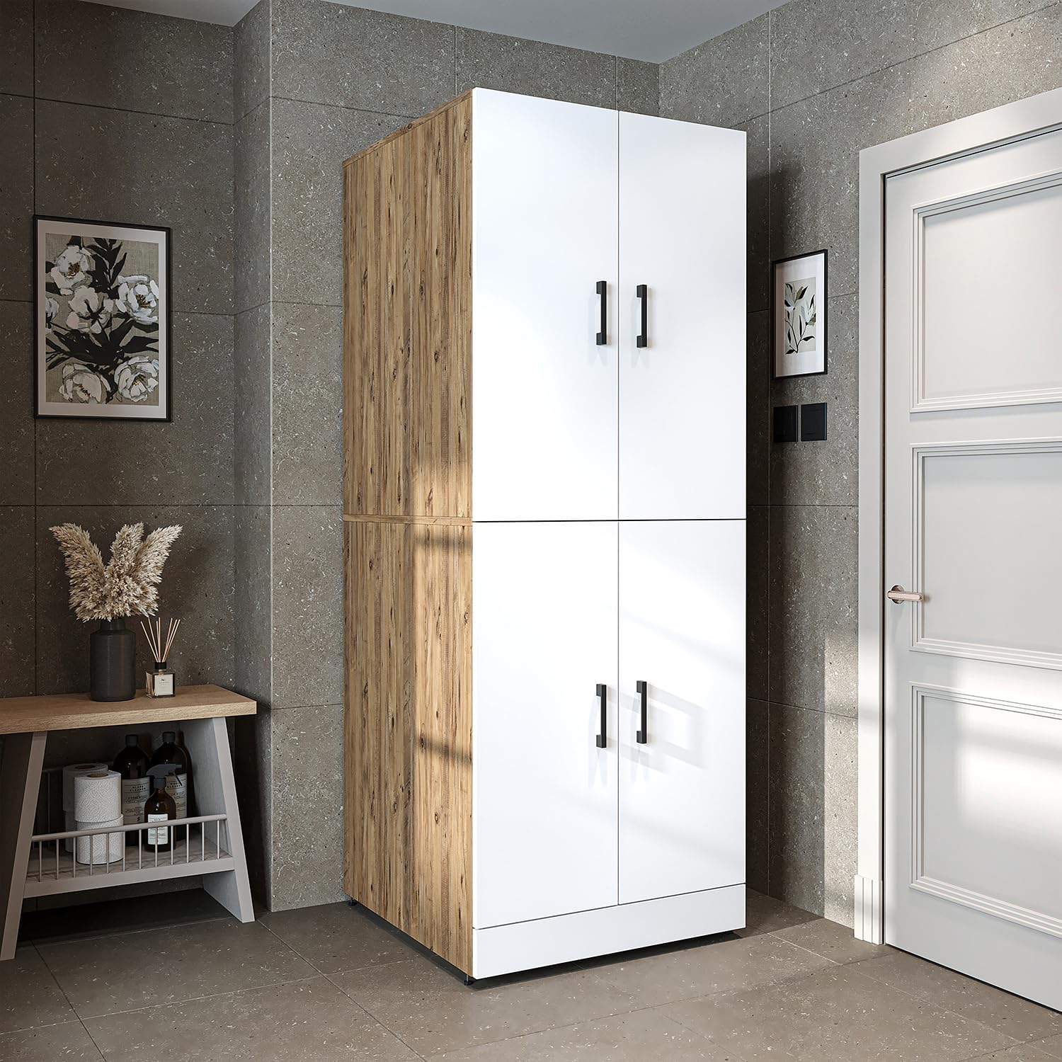 2026 ROOMART Dora Armoire de machine à laver, pour sèche-linge et machine à laver, en 4 couleurs, avec portes et planche coulissante (chêne anthracite)