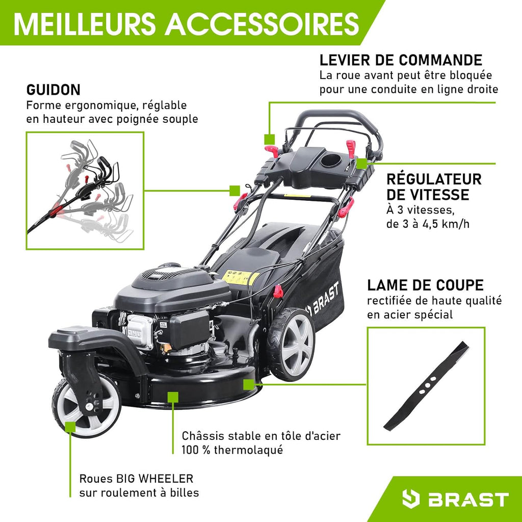 2026 BRAST tondeuse thermique 3 roues TRIKE E-START 224cc 53cm tractée démarrage électrique mulching 4en1 capot en tôle en acier 60l - moteur 4 temps de la marque française GT reglable