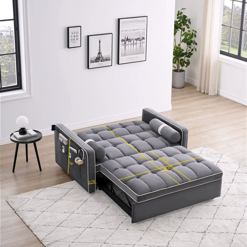2026 Canapé-lit convertible 3-en-1, petit canapé en velours avec lit escamotable, dossier réglable, coussins cylindriques, poches multiples et porte-téléphone – Gris, 55,5"