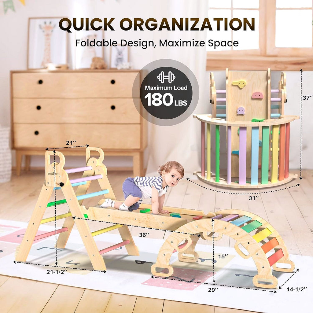 2026 Ensemble Triangle de Pikler 7-en-1 – Aire d’Escalade Montessori Pliable en Bois pour Enfants, avec Arche, Rampe & Échelle – Arc-en-ciel