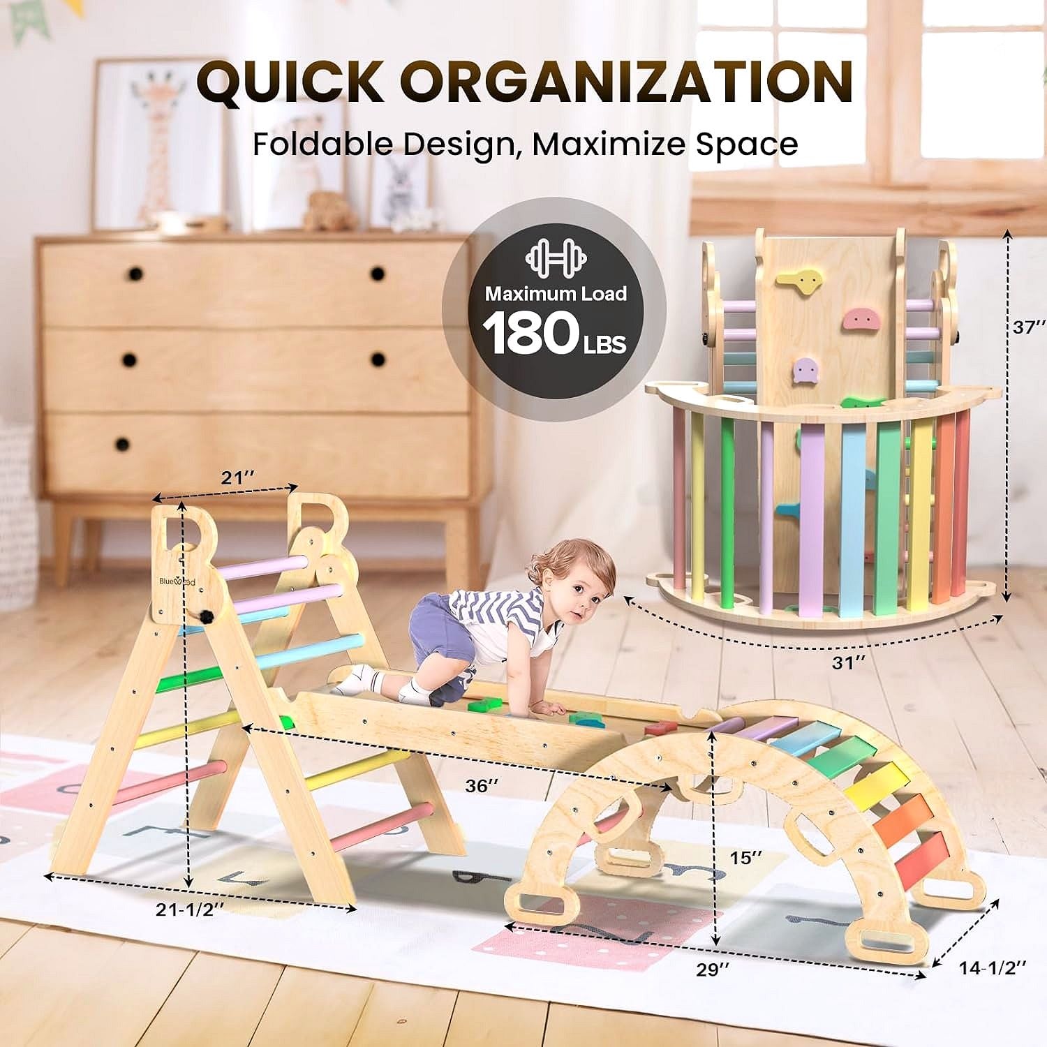 2026 Ensemble Triangle de Pikler 7-en-1 – Aire d’Escalade Montessori Pliable en Bois pour Enfants, avec Arche, Rampe & Échelle – Arc-en-ciel