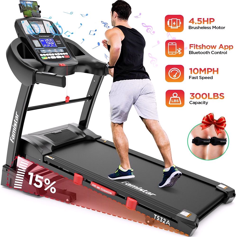 2026 Tapis de course pliable Famistar pour la maison avec inclinaison automatique à 15 niveaux, capacité de 300 lbs, vitesse allant jusqu'à 10 MPH