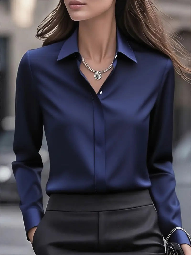 Chemisier tailleur satin à revers manches longues habillé bureau pour femme