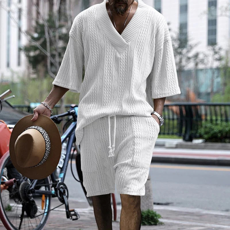 2026 Men's Casual Jacquard Summer Two-Piece V-Neck Shorts Set