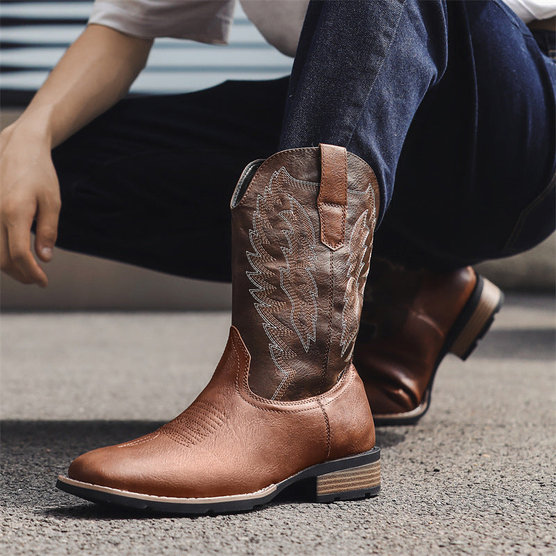 Bottes style western en denim brodé en cuir tendance confortable pour homme