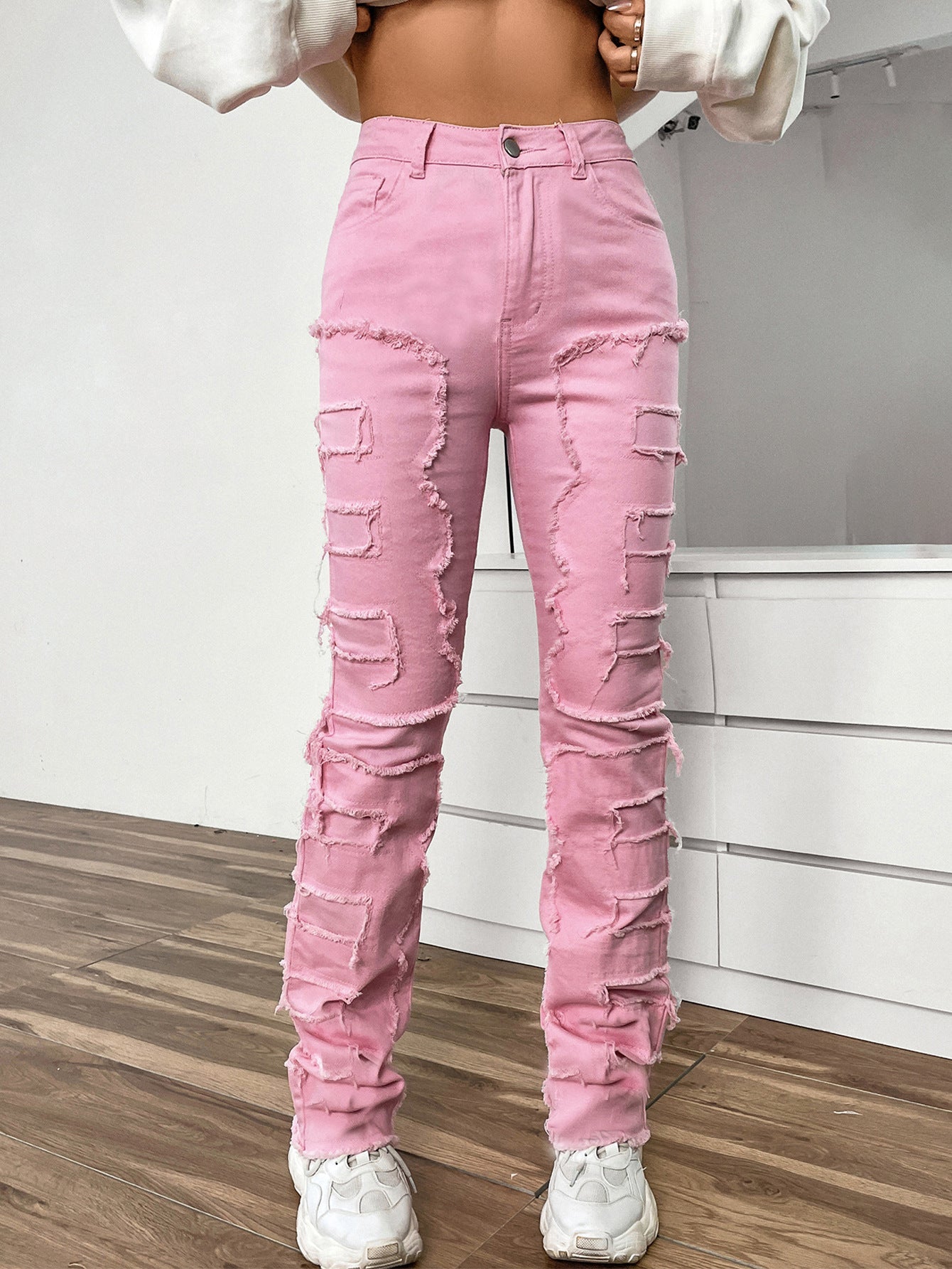 Women's Embroidered Straight Leg Jeans Mid Rise Denim Trousers Casual - LAKD London