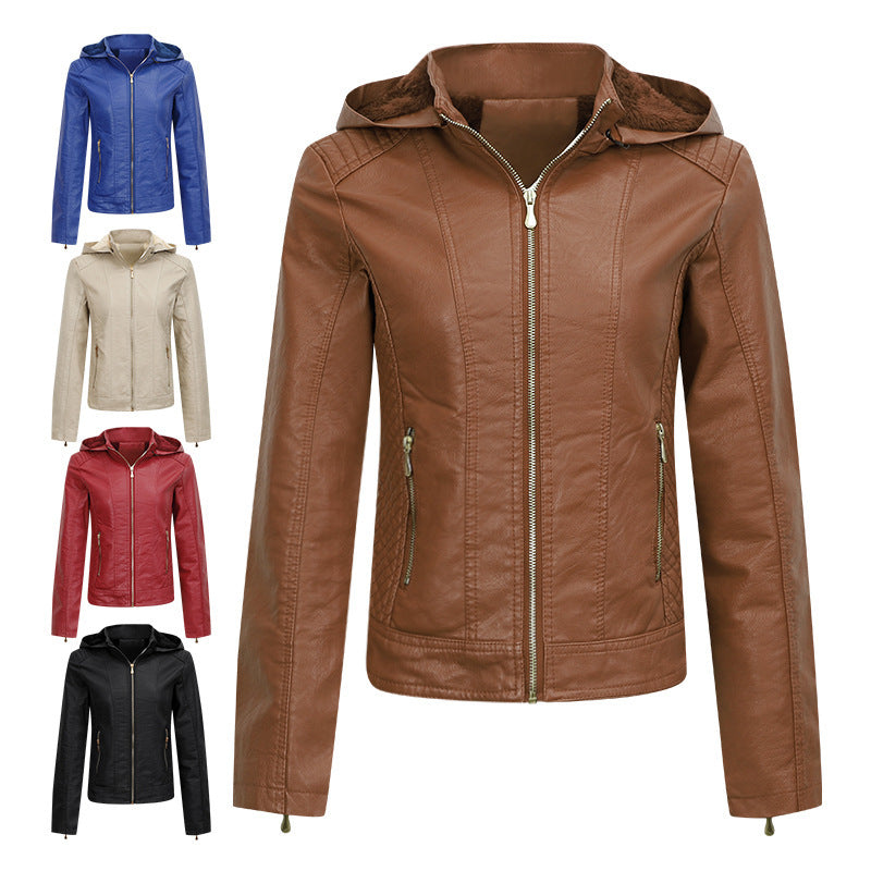 Veste peluche à capuche en cuir coupe ajustée hiver chaud pour femme