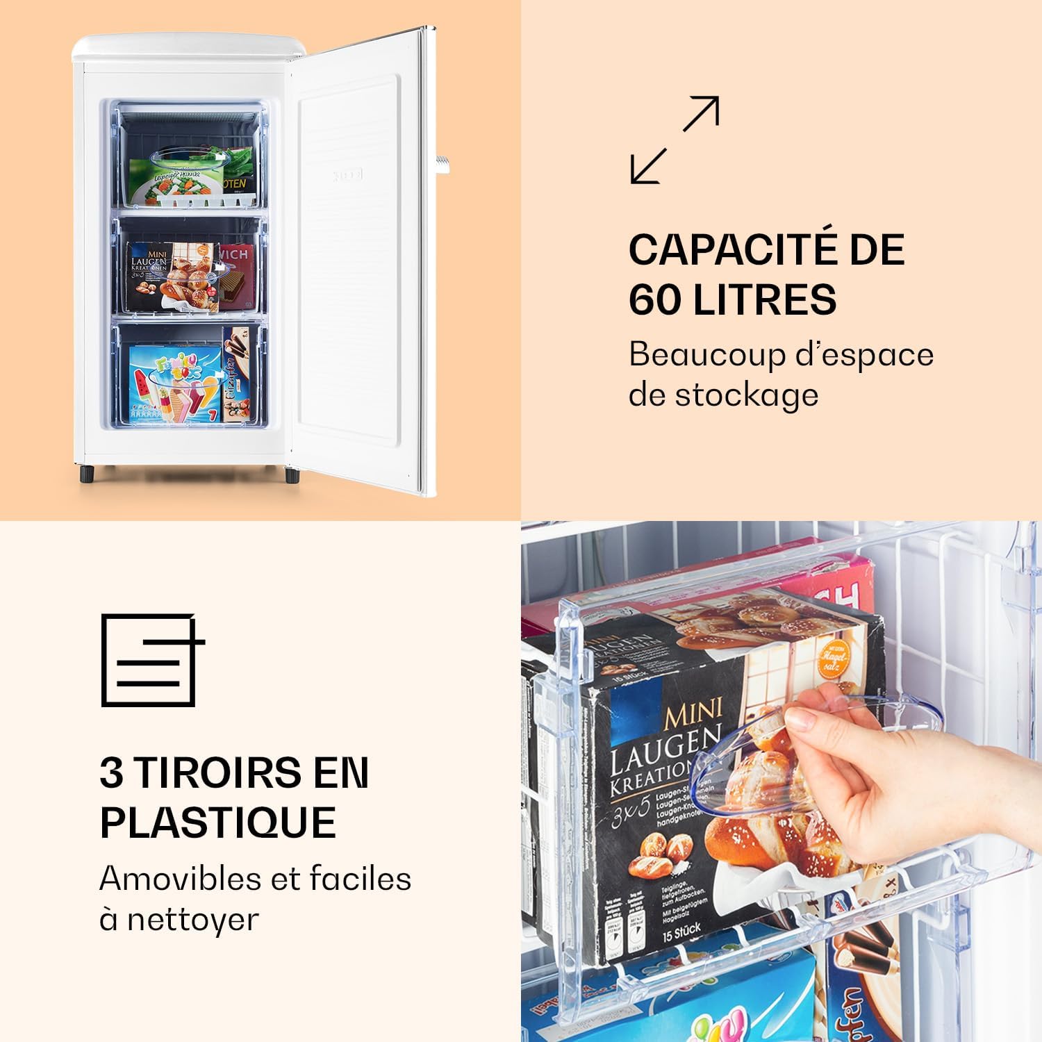 2026 KLARSTEIN Laika - Congélateur, volume total 60 litres, thermostat à 5 niveaux, 0 à -18°C, 3 grilles, pose libre, design rétro - rouge