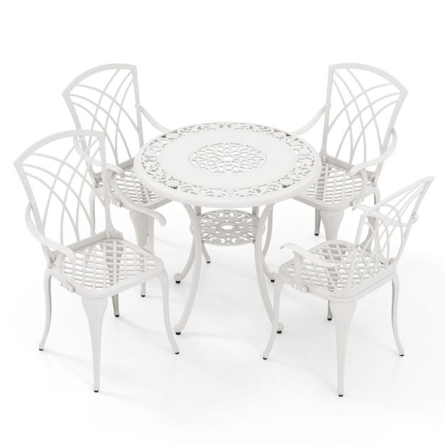2026 5 Pcs Salon de Jardin en Fonte d'Aluminium Trou pour Parasol Repose-pieds Réglables Ensemble de Table Ronde et 4 Chaises Blanc