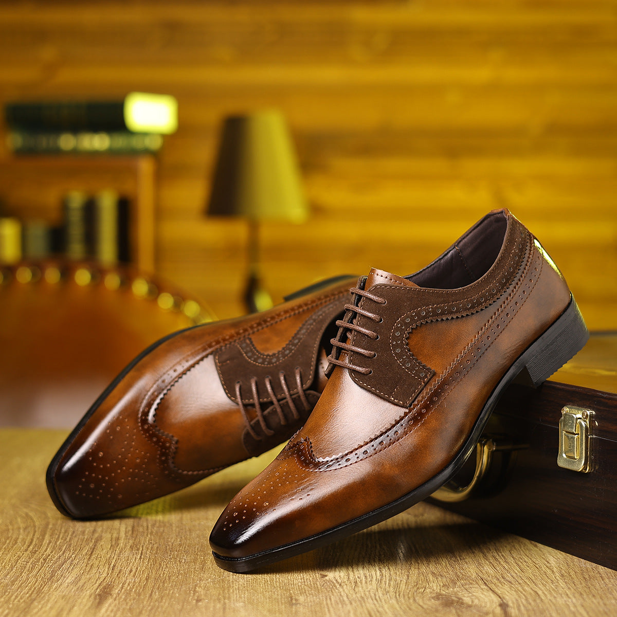 Men's two-tone brogue Oxford shoes by LAKD featuring wingtip design and formal, elegant style with polished leather finish.