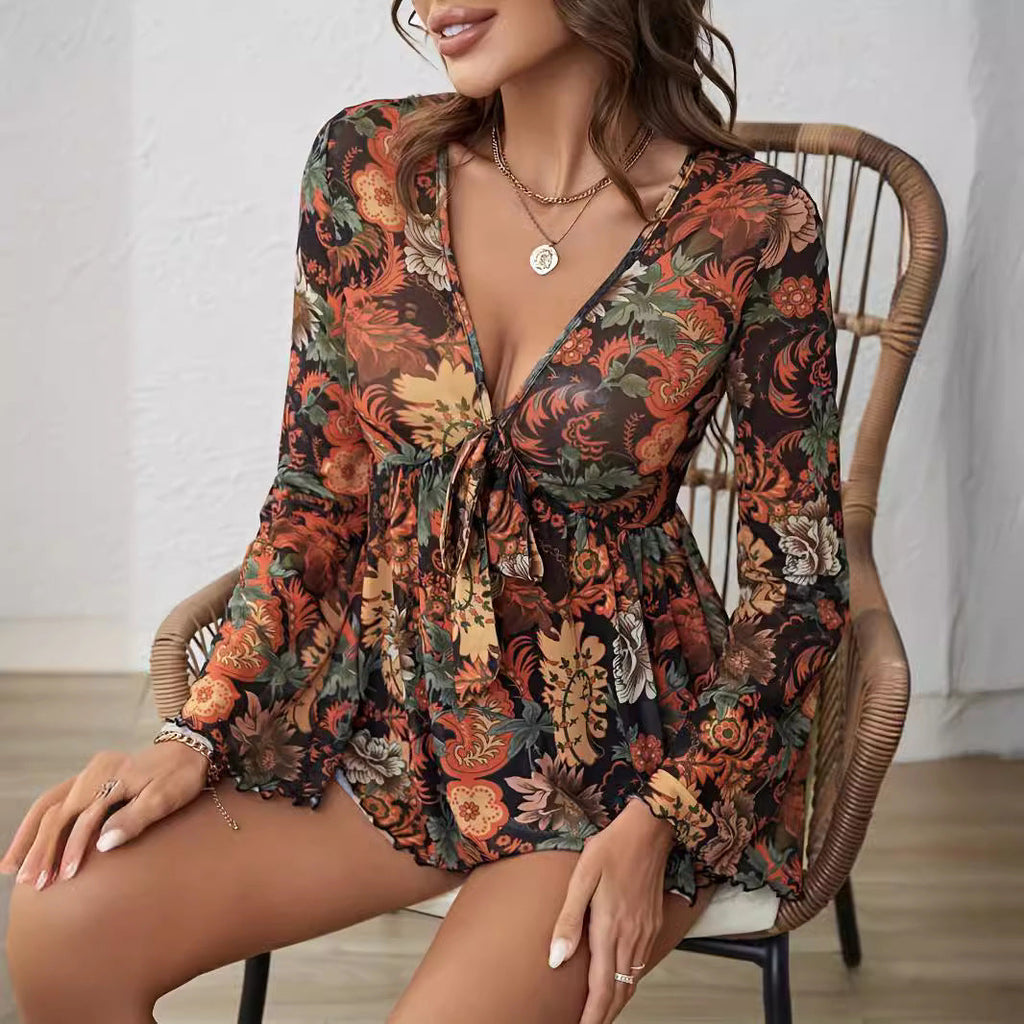 Women's Mesh Printed Knotted Flare Long Sleeve Top Casual T-shirt - LAKD London