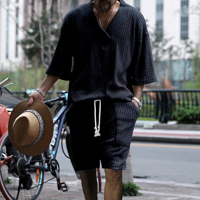 2026 Men's Casual Jacquard Summer Two-Piece V-Neck Shorts Set