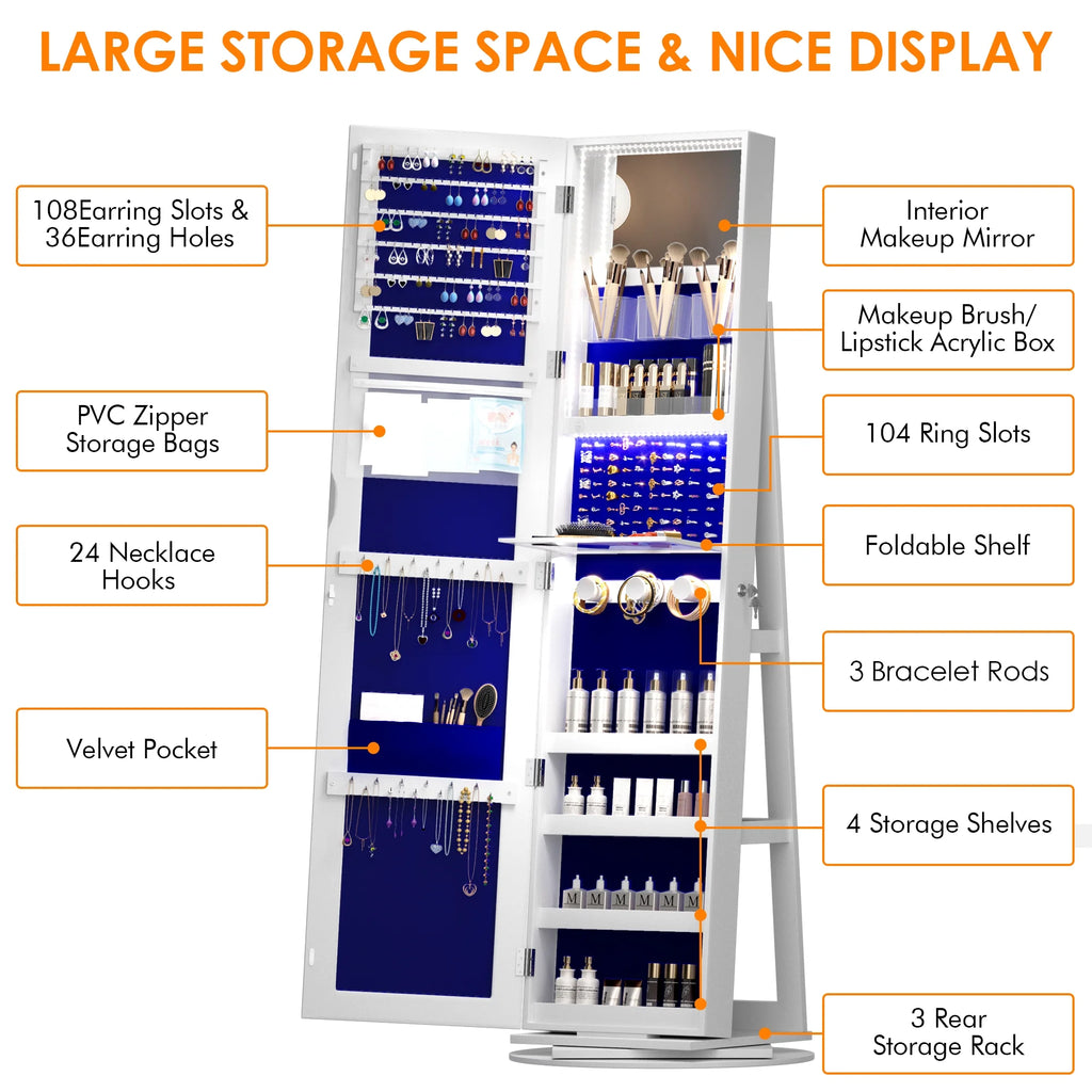 2026 LVSOMT 360° drehbarer LED-Schmuckschrank mit Ganzkörperspiegel, großer Schmuckschrank, verschließbarer Standspiegel, Schmuck-Organizer mit innerem Schminkspiegel und weichem Samt für Wohnzimmer und Schlafzimmer