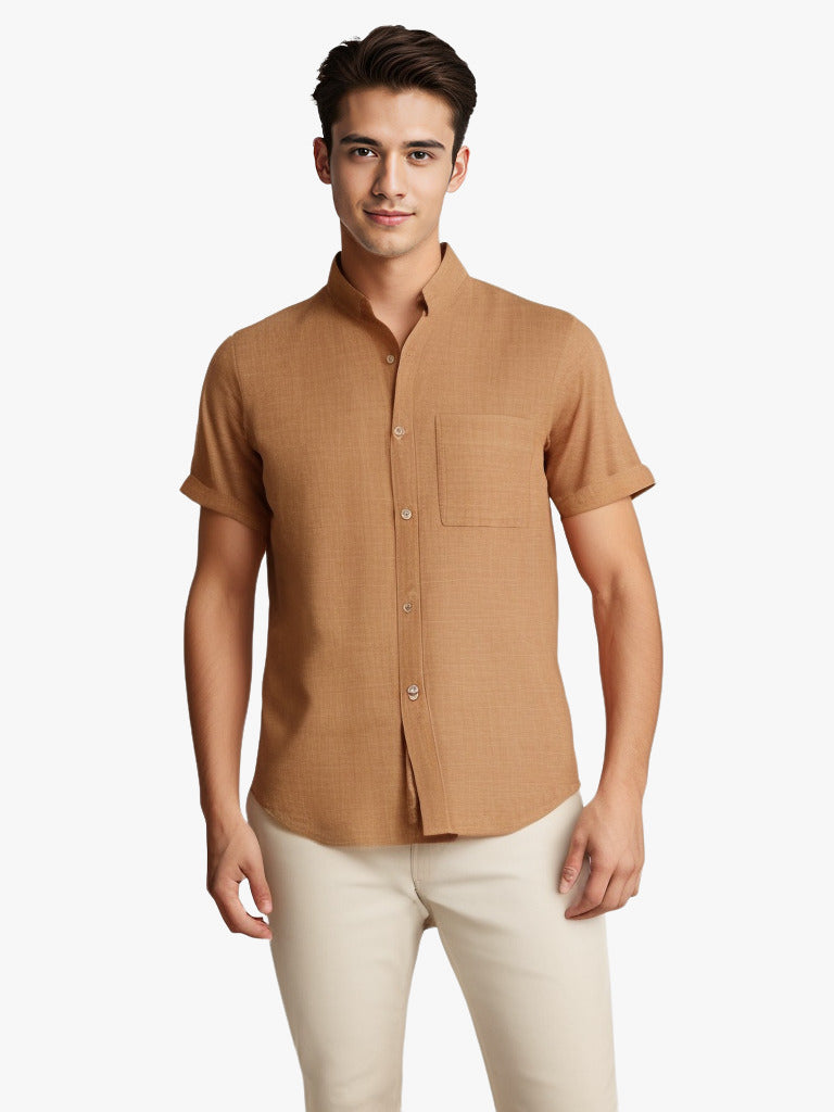 Chemise couleur unie manches courtes à revers en coton et lin été pour homme