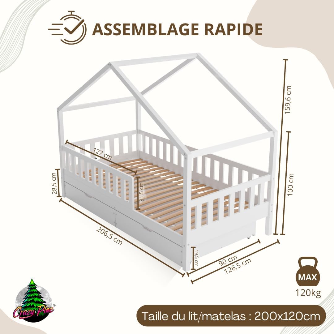 2026 Lit cabane Crazy Pine Crazy House avec tiroirs 190 x 90 cm &ndash; Lit enfant en bois naturel avec barri&egrave;re &ndash; Lit Montessori au sol avec rangement suppl&eacute;mentaire et barri&egrave;re amovible