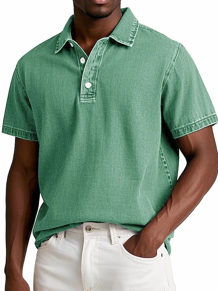 Polo couleur unie vintage manches courtes à revers décontracté pour homme