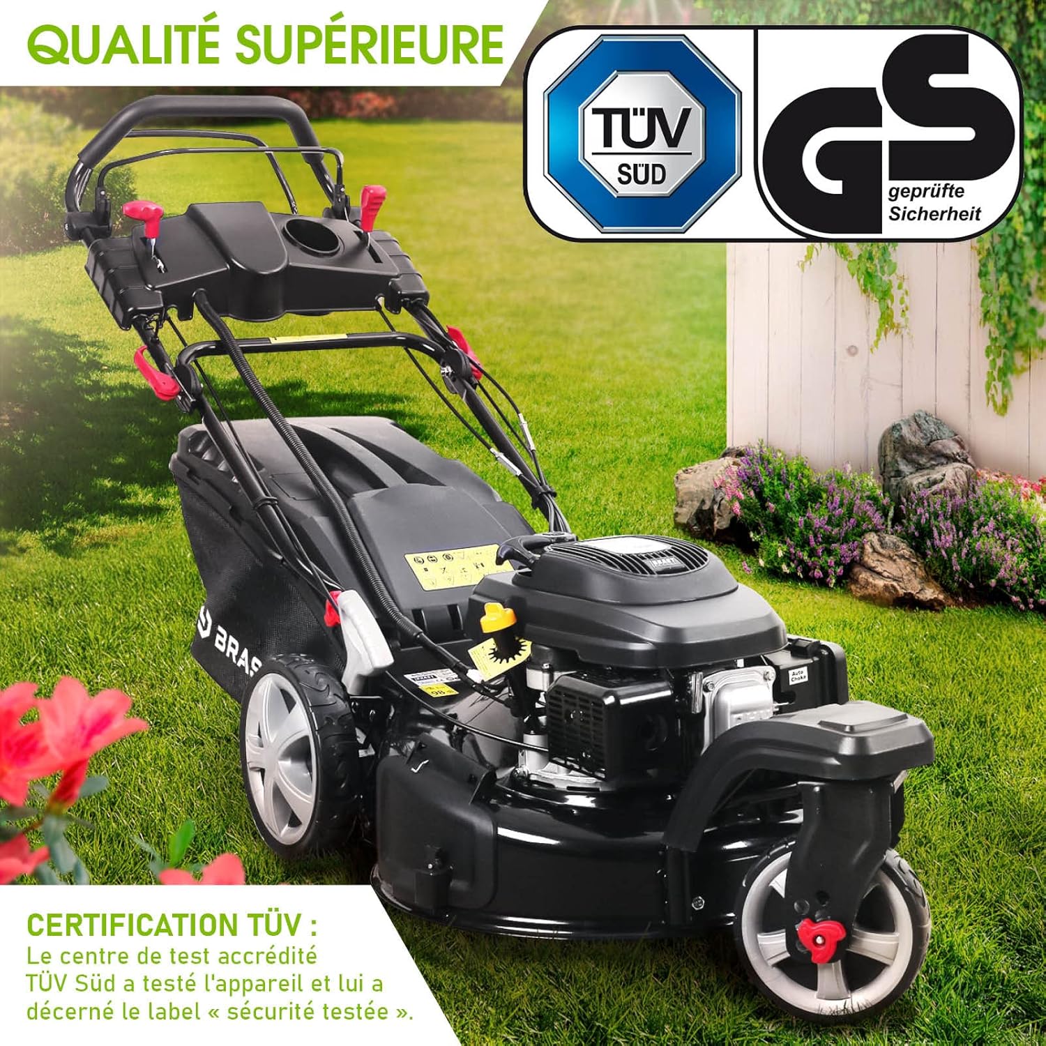 2026 BRAST tondeuse thermique 3 roues TRIKE E-START 224cc 53cm tractée démarrage électrique mulching 4en1 capot en tôle en acier 60l - moteur 4 temps de la marque française GT reglable