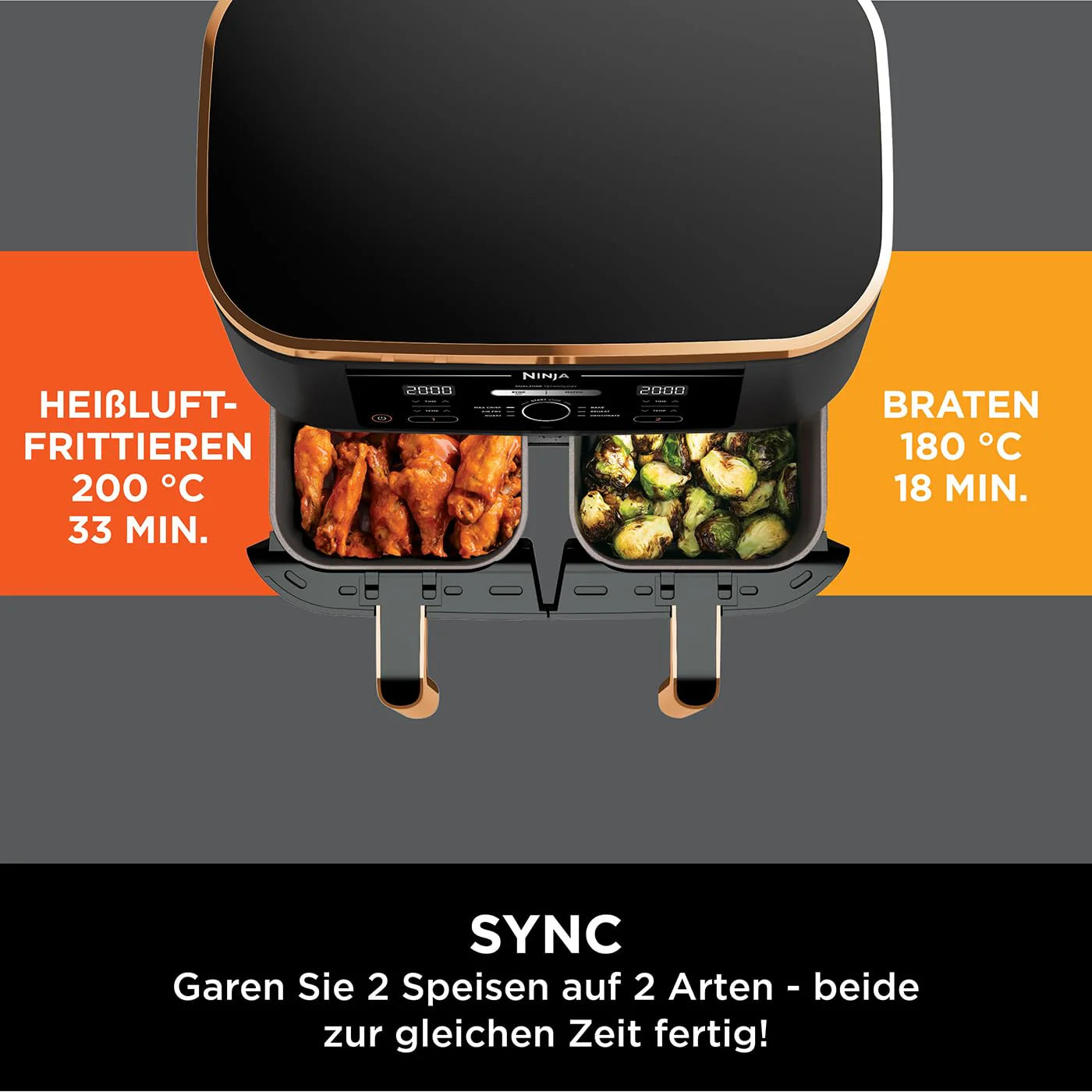 2026 Ninja Foodi MAX Dual Zone Heißluftfritteuse, 9,5L Airfryer, 2 Fächer, mit Zange, Antihaftbeschichtung, spülmaschinenfeste Körbe, 6-in-1, Amazon Exklusiv, Kupfer/Schwarz, AF400EUCP