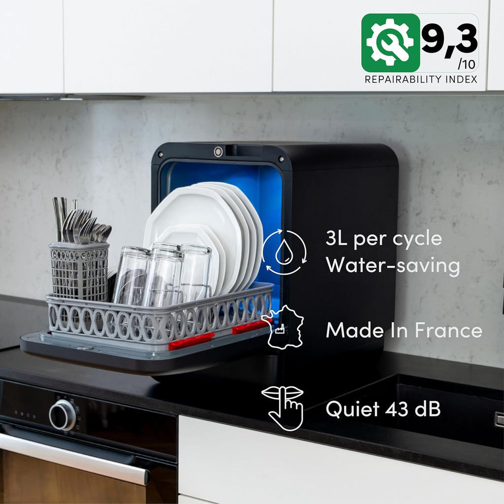 2026 DAAN TECH Bob - Lave-vaisselle Compact 3 Couverts Encastrable - Pose Libre, Avec Réservoir, Portable - Séchage Naturel - Assiette 29 cm - Label Origine France Garantie, Eco-Conçu (Blanc-Rouge)